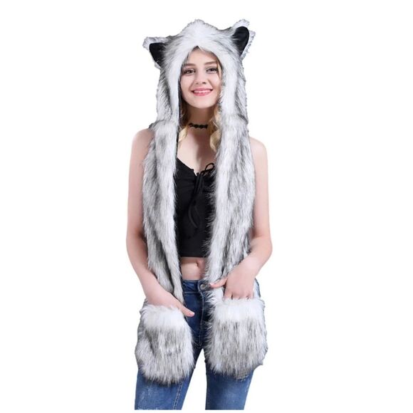 Faux Fur Hat Hood Scarf Full Pockets Ear Flat Cap Hoodie Winter Party Costume main image 4